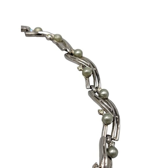 Trifari Rare Choker Necklace 16" Silver Tone Faux Gray Pearls Rhinestones - Picture 15 of 16